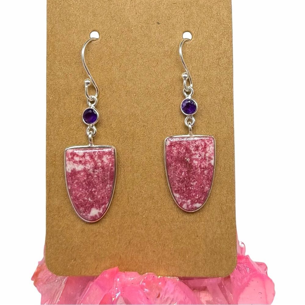 Pink Thulite & Amethyst Earrings Solid 925 Sterling Silver Dangle Drop Stone